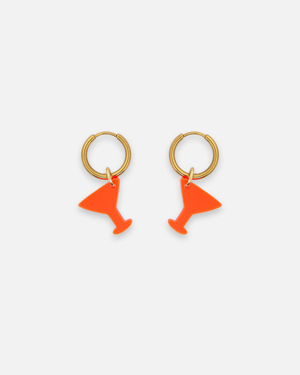 Creolen Ohrringe mit neon orangen Cocktailglas Anhänger aus Acrylglas von sweeps statement Schmuck.