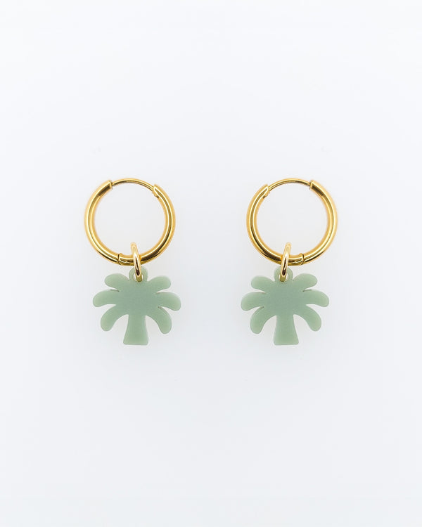 Zwei Edelstahl Creolen mit Palmen Anhänger Mini-Palme-olivgrün.