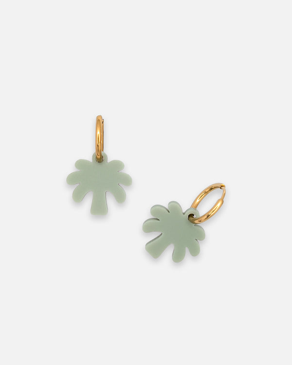 Palmen Ohrringe olivgrün mit goldenen Creolen aus Edelstahl und Acryl Anhänger